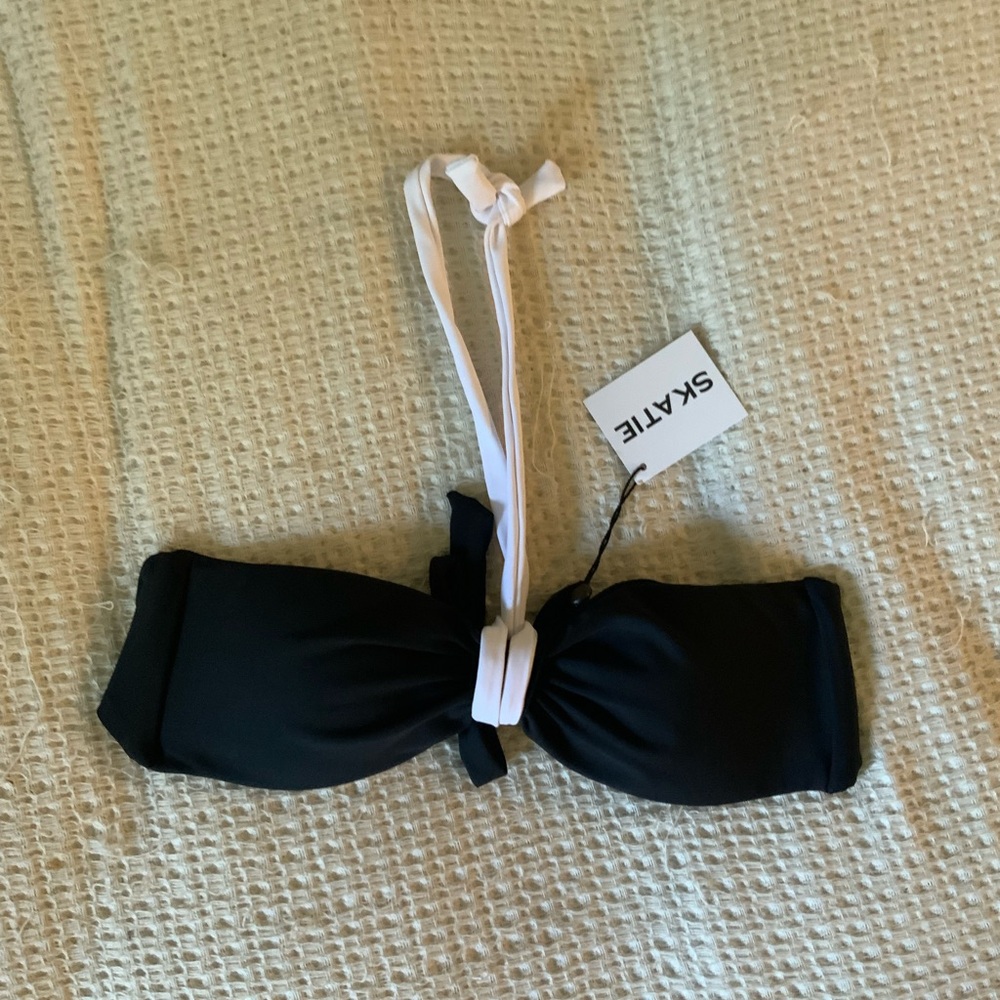Free People x SKATIE Black White Bandeau Halter Tie Bikini Swim Top NWT
